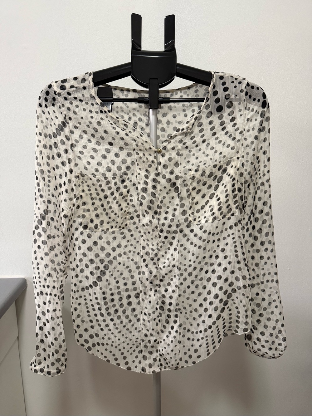 Dynamite Sheer Polka Dot Button Front Blouse Size Small Black & White